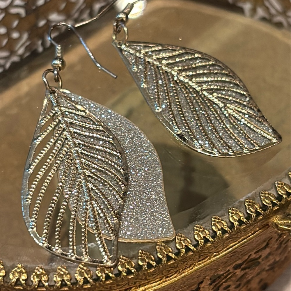 Gold Shimmer Dangle Leaf Earrings